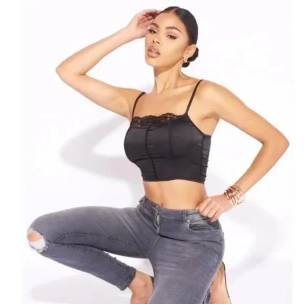 Black Satin Silk Lace Trim Sleeveless Square Neck Crop Top - Picture 14 of 17
